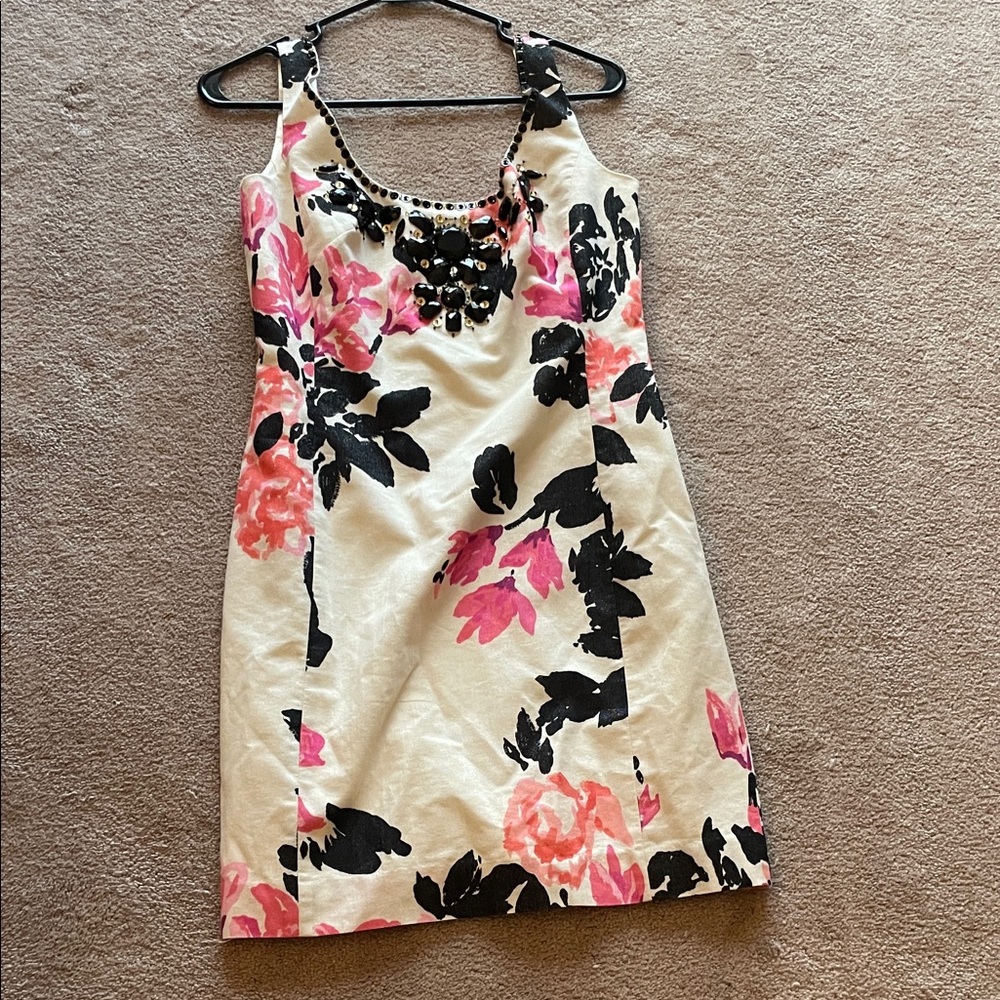 Lilly Pulitzer Pink and Black Floral Mini Dress Beaded